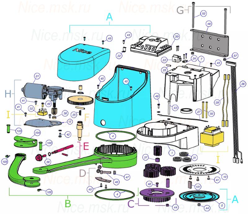 Запасные части для приводов распашных ворот NICE HO7124 (2024)