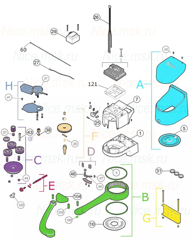 Запасные части для приводов распашных ворот NICE HO7124 R10 (2024)