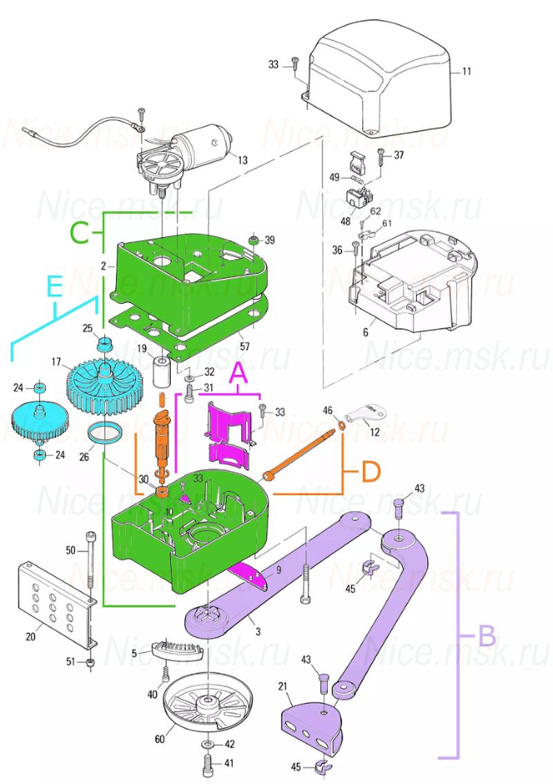 Запасные части для приводов распашных ворот NICE PP7224 (2024)