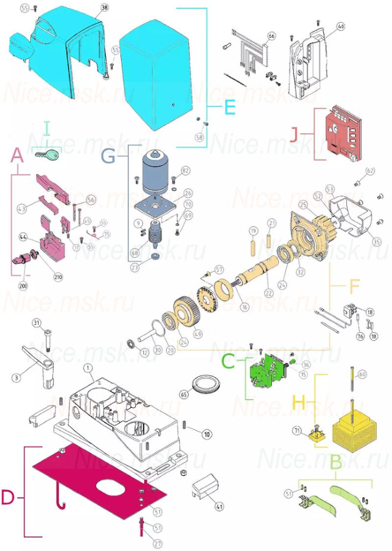Запасные части для приводов откатных ворот NICE RB250HS (2024)