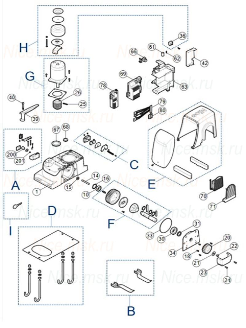 Запасные части для приводов откатных ворот NICE RUN1200HS (2024)