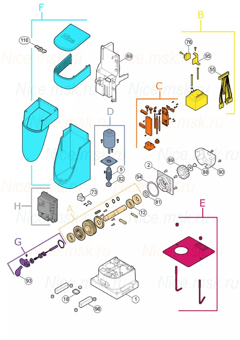 Запасные части для приводов откатных ворот NICE SLH400 (2024)