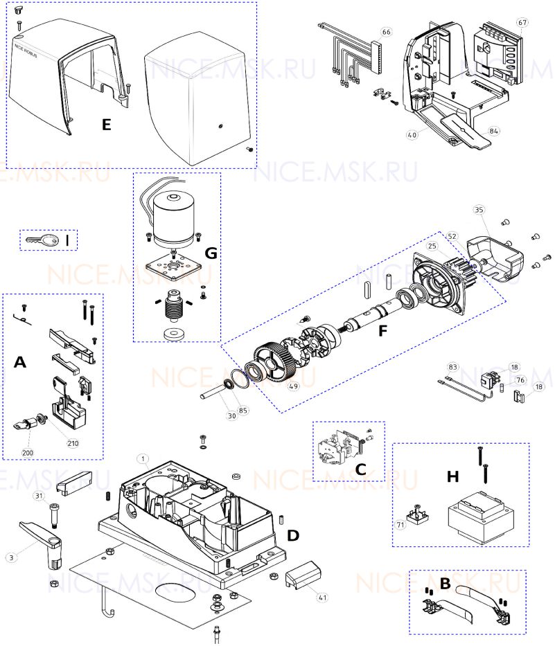 Запасные части для приводов откатных ворот NICE RB500HS