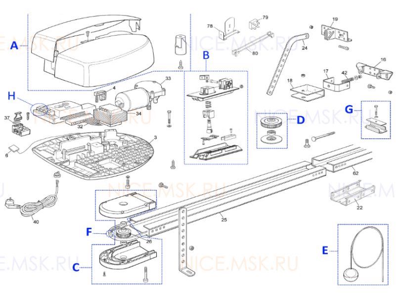 Запасные части для приводов секционных ворот NICE SPIN22KCER10